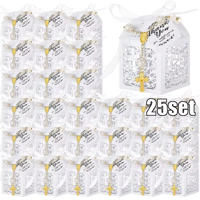 Gift for Her/Him 25Set Baptism Favors Set, Includes Mini Rosaries, Laser Cut Baptism Favor Boxes, White Organza Bags And Thank You Tags for Bautizo Recuerdos Christening Wedding Party Supplies