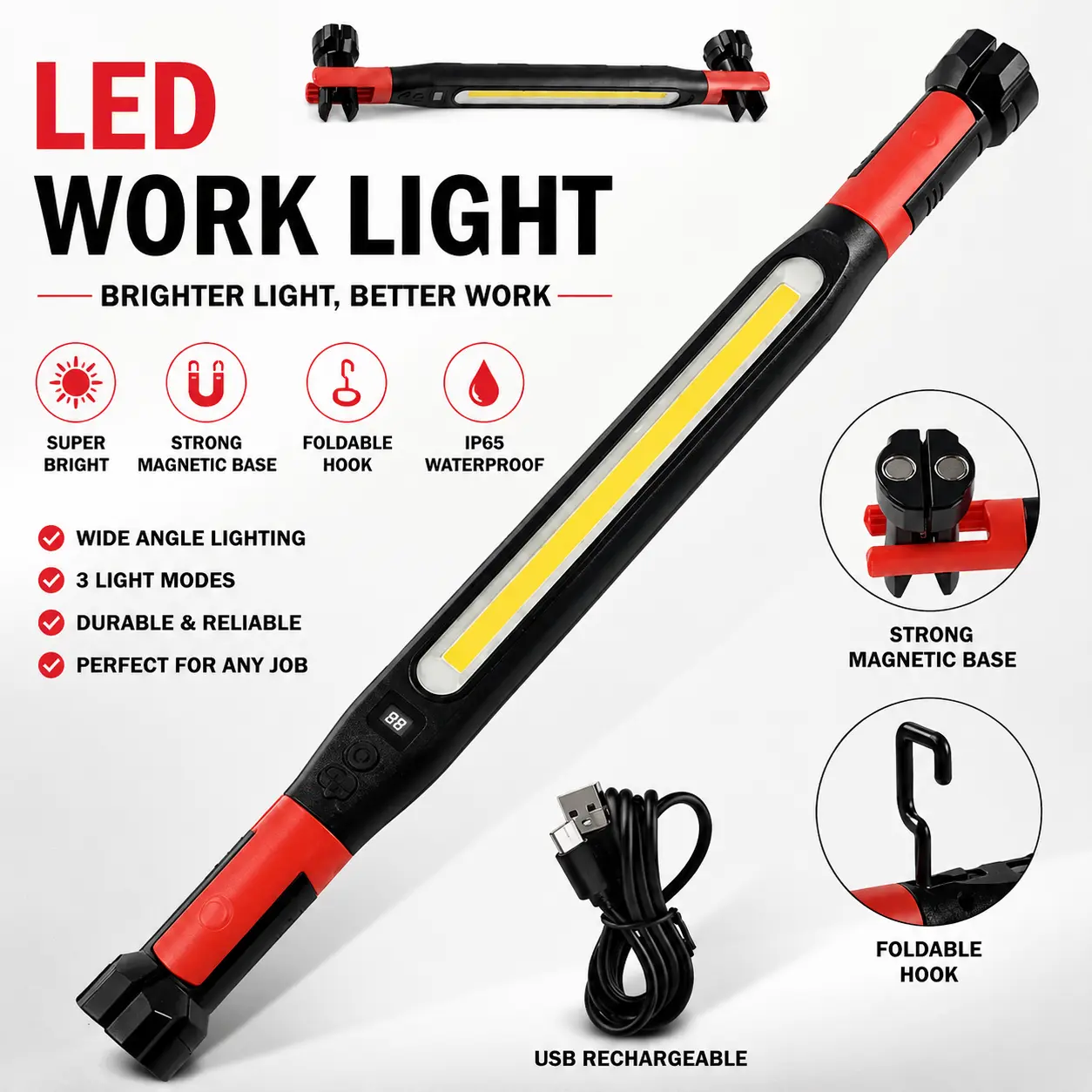 LED Work Light, 3000LM Super Bright Under Hood Light with Magnetic Mount & Foldable Hooks, Rechargeable Cordless Inspection Light for Car Repair, Garage, Workshop and Mechanics
