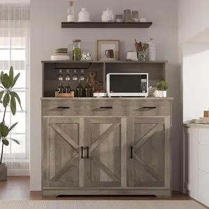 Farmhouse Buffet Sideboard - Barn Door Storage Cabinet with Microwave Stand, Multiple Drawers for Kitchen, Dining Room, Grey