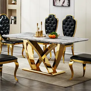 Marble Dining Table for 6 People, 70'' Rectangle Faux Marble Dining Table with Mirrored Finish Stainless Steel Base, Modern Large Size Marble Kitchen Table (Silver,Grey)(Only table)