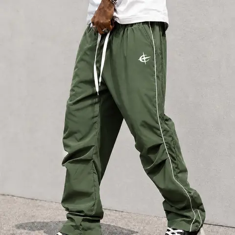 Men's Lightweight Mid Waist Loose Straight Track Pants - Relaxed Fit, Drawstring Closure, Contrast Side Piping, Streetwear Star Print, Machine Washable Active Men's Pants, Stylish Streetwear Clothing for Summer Travel, Campus