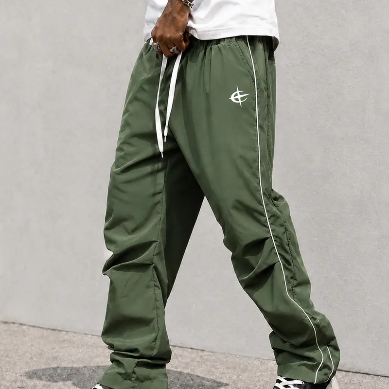 Men's Lightweight Mid Waist Loose Straight Track Pants - Relaxed Fit, Drawstring Closure, Contrast Side Piping, Streetwear Star Print, Machine Washable Active Men's Pants, Stylish Streetwear Clothing for Summer Travel, Campus