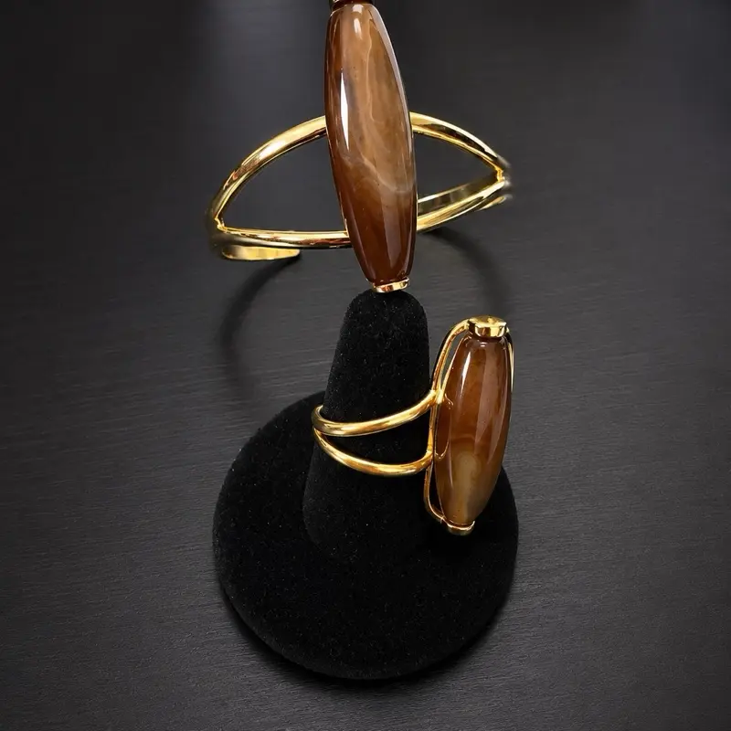 Adult Unisex Golden Amber Jewelry Set - Formal Event Statement Piece with Unique Design, Elegant Harmonious Daily Wear Accessories, Adults