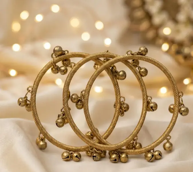 Traditional Kashmiri Ghungroo Bangles Set (4-Piece, 2.25 inches) - Gold-Tone Classic Bridal Churi with Bell Charms - Pakistani Ethnic Jewelry for Anniversary, Birthday, Milestone, Airtight Box