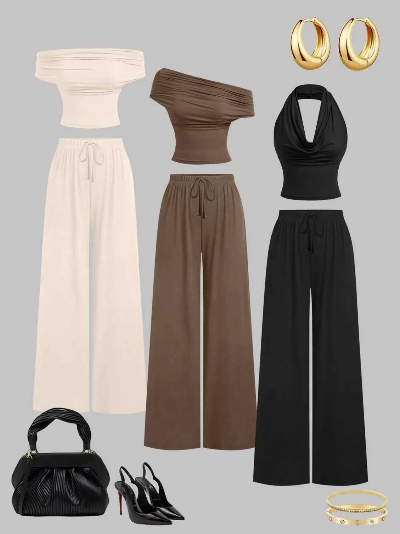Women's Fall Winter Fashion Comfortable Fit Different Styles One Shoulder Off-Shoulder Top and Belted Waist Long Wide Leg Plain Pants Set Fitted Outfit Clothes Womenswear Halter Neck Set Fitted Clothing Set