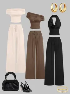 Women's Fall Winter Fashion Comfortable Fit Different Styles One Shoulder Off-Shoulder Top and Belted Waist Long Wide Leg Pants Set Fitted
