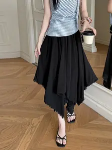 New Irregular Lace Patchwork Skirt Fashion Versatile High Waist Midi Skirt for Women