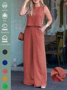 women's elegant solid color loose sleeveless round neck wide leg pants set 2pcs, comfortable summer casual with pockets for all seasons, stylish set for holiday & daily wear, clothes