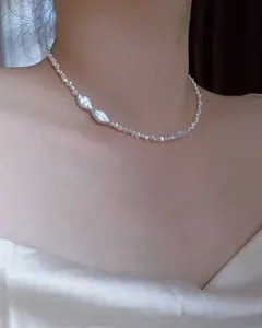 Baroque Rhombus Pearl,Small Granule Pearl, S925 Silver Chain, One Size Fits ALL Small Silver Bar Pearl Pearl Necklace Fashion Everwher Everyday Wear  Women Gift
