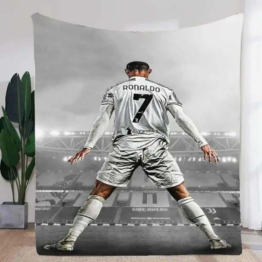 Ronaldo Number 7 Dynamic Soccer Player Graphic Microfiber Blanket - Cooling, Soft, Elastic, Breathable, Cozy, Black White Printed - 50*60in (Adult Size), Multi-Size, Wrinkle Resistant Adult Bedding for Bedroom, Sofa, Garden - Ideal Gift, Plants, All Seaso