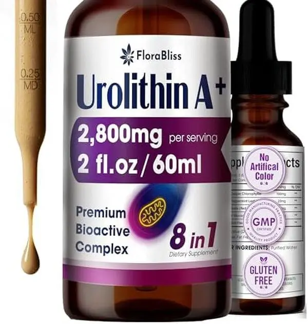 FloraBliss Urolithin A Supplement 2800 mg Liquid Drops | with Trans-Resveratrol, Collagen Peptides, Pomegranate Extract, Hyaluronic Acid, Vitamin E & C | 60ml |30-Day Supply