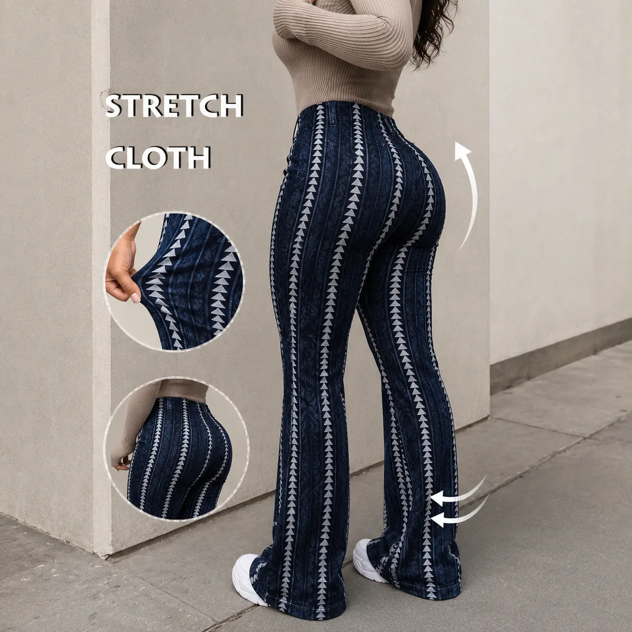 Women's Flare Leggings High Waist Aztec Striped Print Stretch Pants Navy Blue Bell Bottom Bootcut Yoga Lounge Bottoms for Casual Everyday Wear