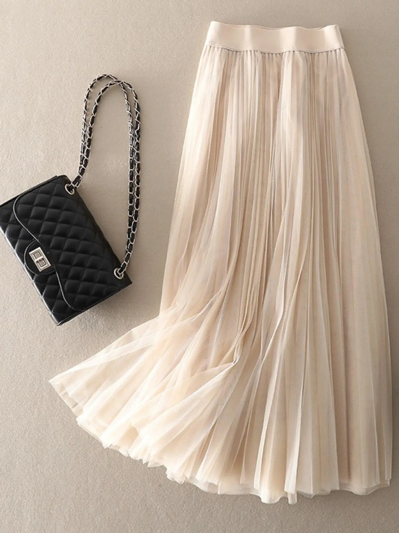 Women's Solid Color Tape Waist Pleated Tulle Skirt, Elegant Fashion A Line Skirt for Party Dating Wear, Ladies Bottoms for All Seasons, Formal Fashion Skirt Pleated Skirts