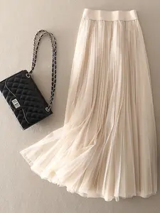 Women's Solid Color Tape Waist Pleated Tulle Skirt, Elegant Fashion A Line Skirt for Party Dating Wear, Ladies Bottoms for All Seasons, Formal Fashion Skirt