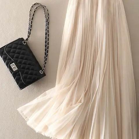 Women's Solid Color Tape Waist Pleated Tulle Skirt, Elegant Fashion A Line Skirt for Party Dating Wear, Ladies Bottoms for All Seasons, Formal Fashion Skirt Pleated Skirts