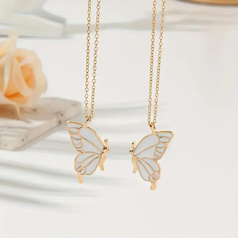 Women's Costume Chain Jewelry 2-Piece Set - Pink & White Butterfly Pendant Double-Layer Cross, Adjustable Link Collarbone Chain for Everyday Wear, BFF Gift, Chain Jewelry Necklaces