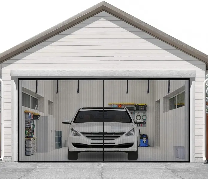 16x7FT High-Density Weave Fiber Glass Magnetic Garage Door Screen, Heavy-Duty Mesh Curtain, Hands-Free Easy-Install with Strong Adhesive Hook-Loop Tape, Black for 2-Car Garage