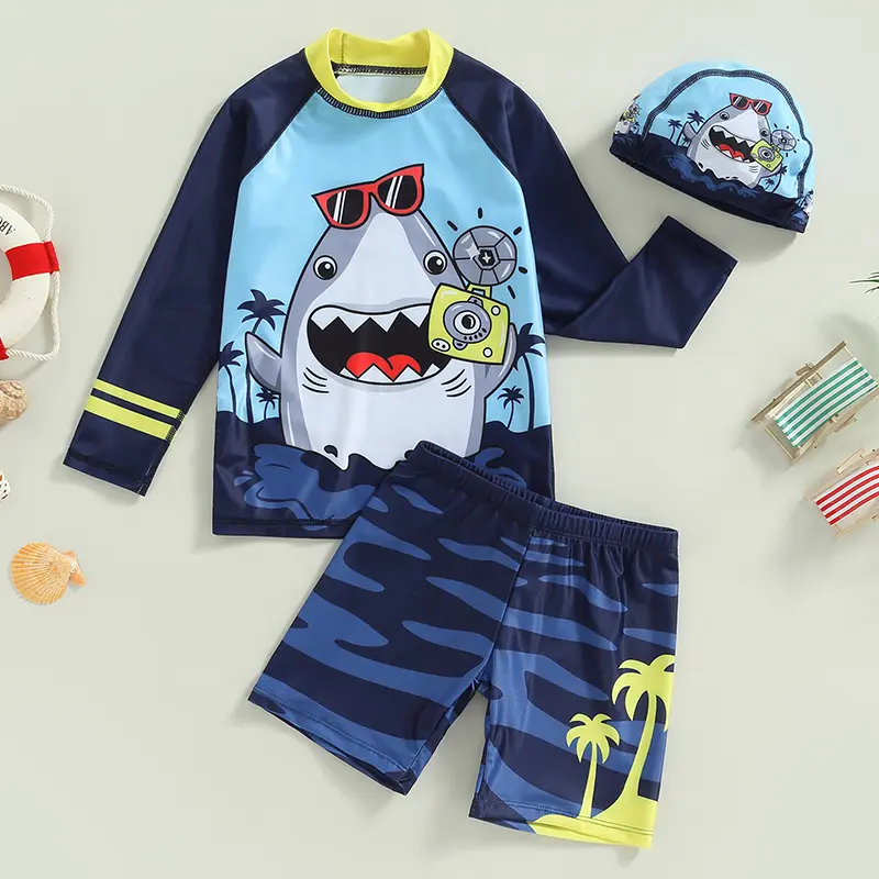 3pcs Trendy Boys’ Rash Guard Swim Set Kids Boys Swimsuit, Long Sleeve Cartoon Shark T-shirt with Coconut Tree Print Shorts and Swimming Hat,3-8 Years