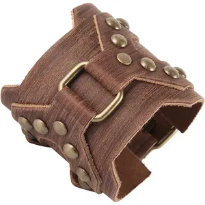 Brown Leather Cuff Bracelet for Men Large Metal Copper Ring Genuine Leather Bracelet Adjustable wristband 8.5" - 10.5"