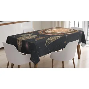 Mandala Tablecloth, Dreamcatcher Motif Magic Feathers Hippie Design on Starry Backdrop, Rectangular Table Cover for Dining Room Kitchen Decor, 52" X 70", Multicolor