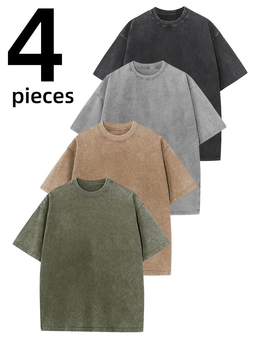 4 Pack Vintage Washed T-Shirt  Unisex Gym Vintage Heavyweight T Shirts Cotton Workout Acid Wash Baggy Tees