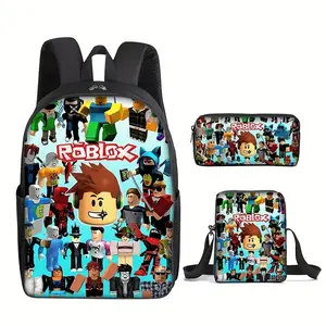 3Pcs Roblox Game Character Print Backpack Set Durable 600D Oxford Cloth School Bag Insulated Lunch Box & Pencil Case Combo Adjustable Breathable Strap Large Capacity Fits 15in Laptop for Kids Teens School Travel Outdoor Use
