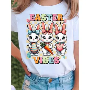 Happy Easter Bunny Eggs Vibes Children'S White Cotton T-Shirt – Stylish Round Neck With Graphic Print, Perfect For Holidays