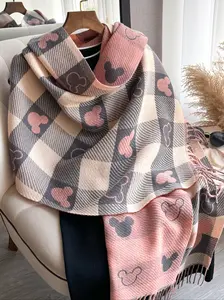 Elegant Plaid Bear Pattern Fringe Knitted Scarf, Soft Warm Thick Fringe Trim Shawl, Unisex Fashion Accessory, Perfect for Fall & Winter