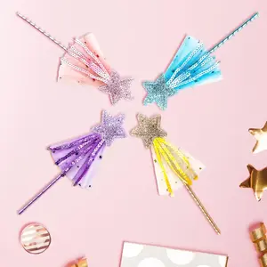 8 Pcs Lightweight Elegant Glitter Star Magic Wands with Comfortable Ribbons, Multi-Color Festive & Party Decor Accessories, Fairy Favors for Birthday, Wedding Home Supplies