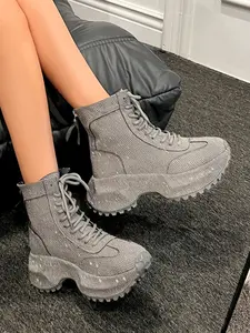 Women's Winter Rhinestone Boots, Thick Sole Ankle Booties, Fashion Sequins Warm Fleece Lining, Casual Style Shoes