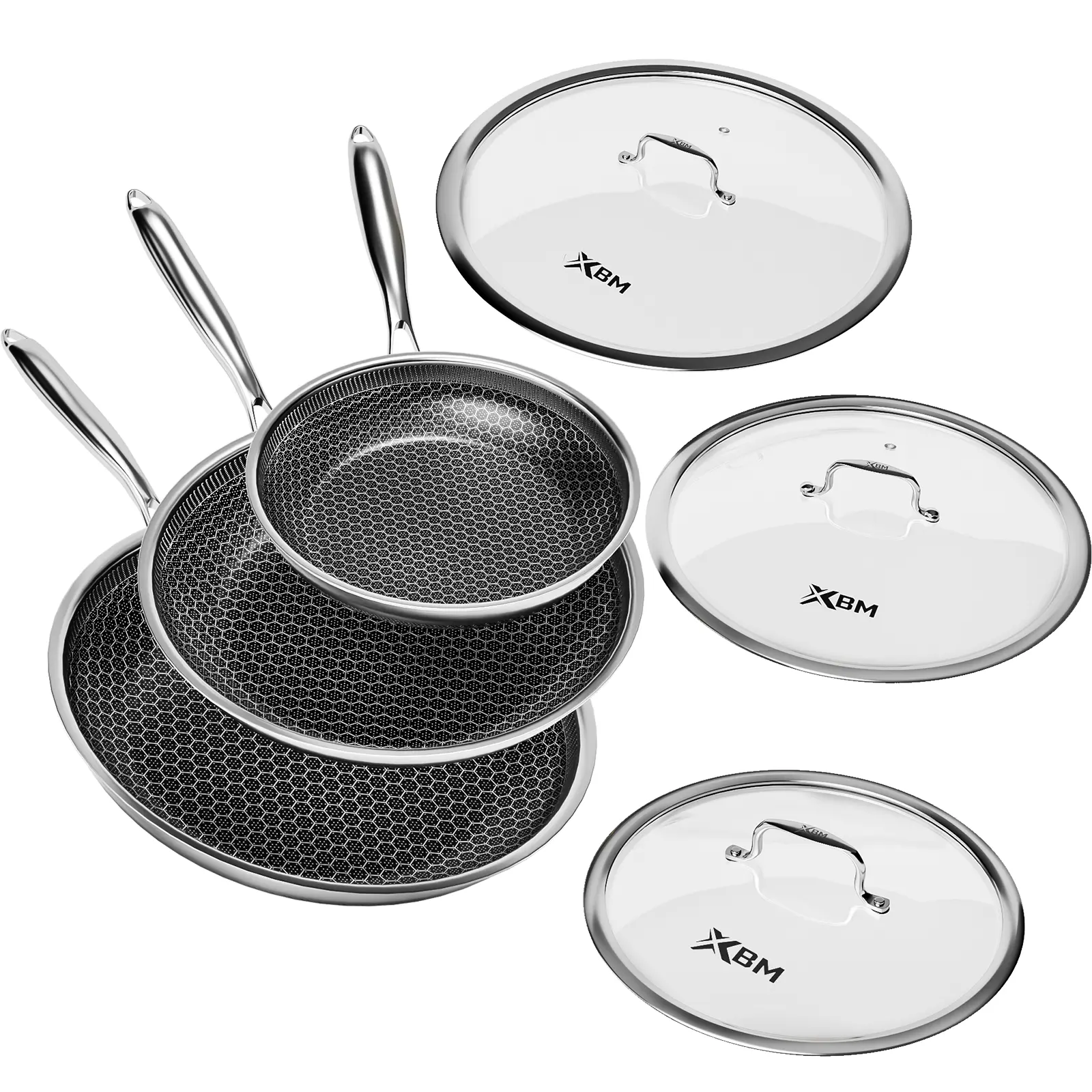 XBM Hybrid Nonstick Frying Pan - Tri-Ply Stainless Steel Honeycomb Skillet with Smooth Base, PTFE/PFOA-Free Ceramic Coating, Stay-Cool Handle, Tempered Glass Lid, Induction & Oven Safe Ceramic Coated Kitchenware Set