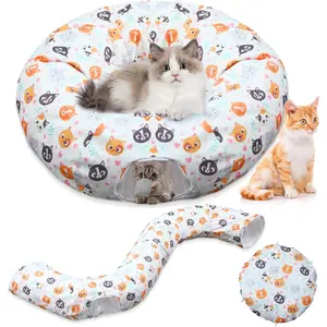Cat Tunnel Bed Indoor 3 ft x 3 ft x 10 Inch Kitten Donut Tunnel with Ball Peekaboo Cat Cave Summer Pet Bed Round Hideaway Holiday Circle Cave Pets Gift(White,Cat)