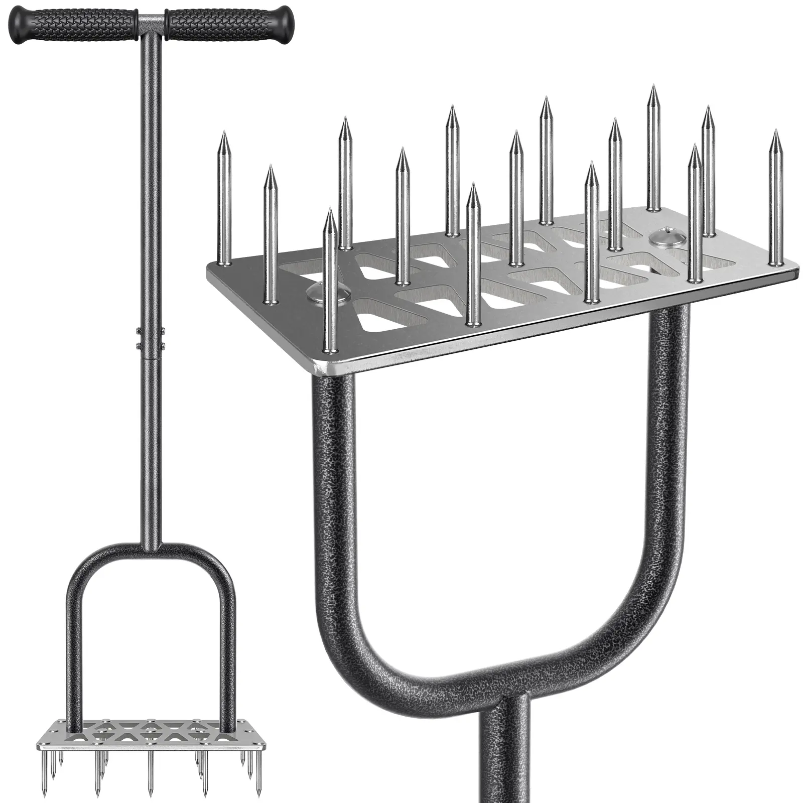 Lawn aerator, outdoor hoe, with 15 nails, height adjustable, removes soil and fallen leaves, suitable for backyards and gardens, soil improvement, drainage and infiltration, restores lawn health, heavy-duty metal spring lawn aerator tool.