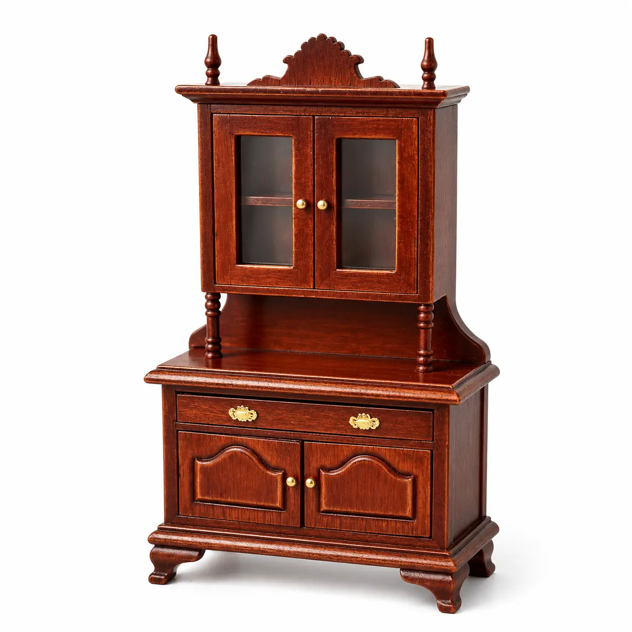 1:12 Scale Vintage Miniature Kitchen Hutch Cabinet, Retro Wooden Dining Room Sideboard with Glass Doors & Drawers, Classical Dollhouse Furniture Decor Accessories