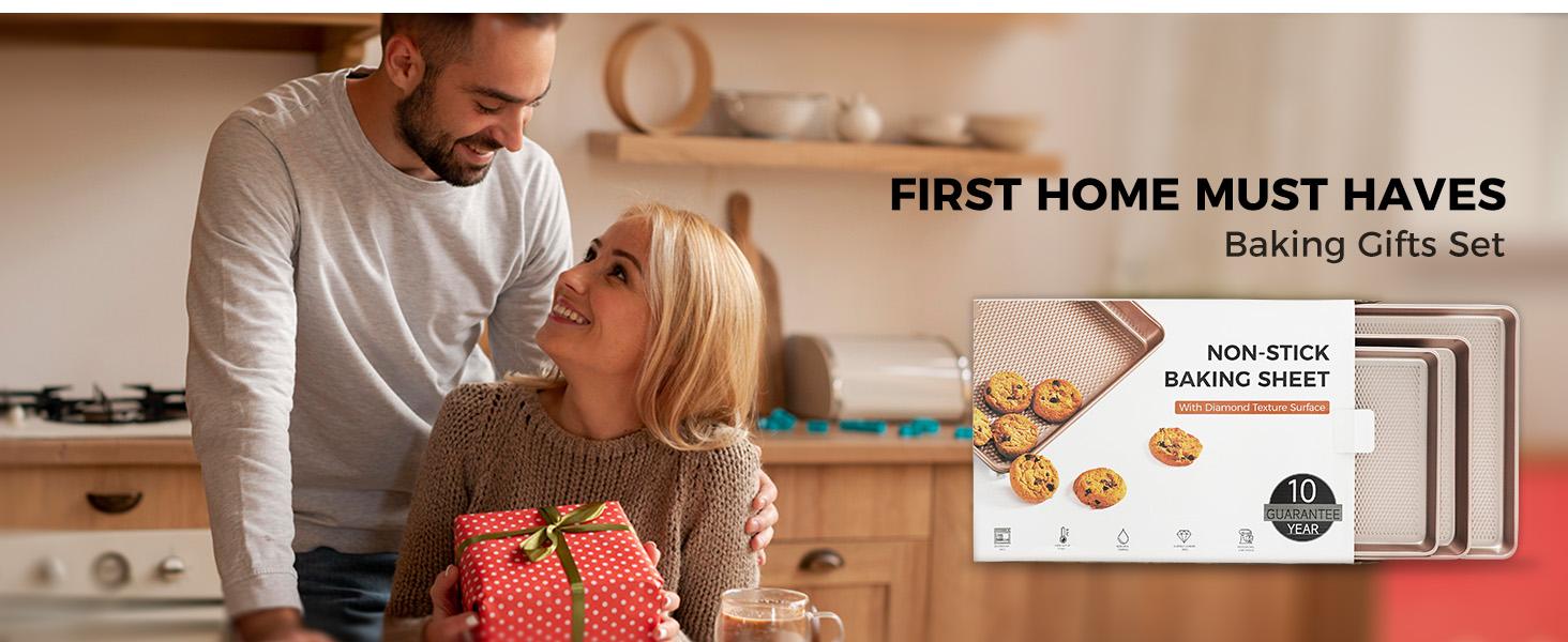[Official] 2-PACK Dark Grey HONGBAKE 3pc Diamond-Texture Baking Sheet Pan Set, Teflon-Free Cookie Sheet Bakeware, Christmas Gift Ideas, Cookware Set