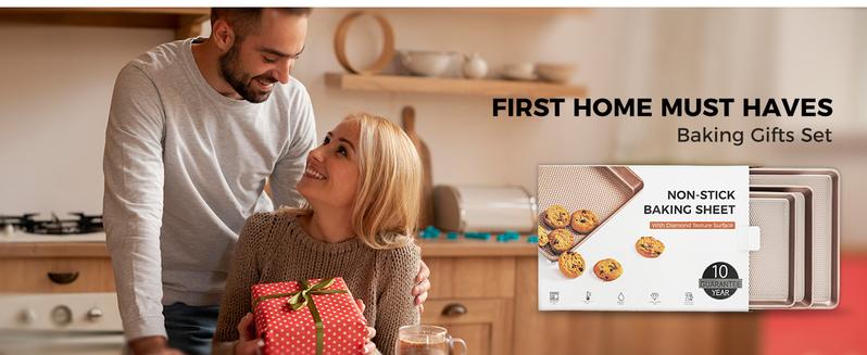 [BF&CM]HONGBAKE Diamond-Texture Baking Sheet Pan Set, Non-Stick Cookie Sheets, Teflon-Free Heavy Duty Bakeware - 3 Sizes, Baker, Pink Kitchenware Cooking