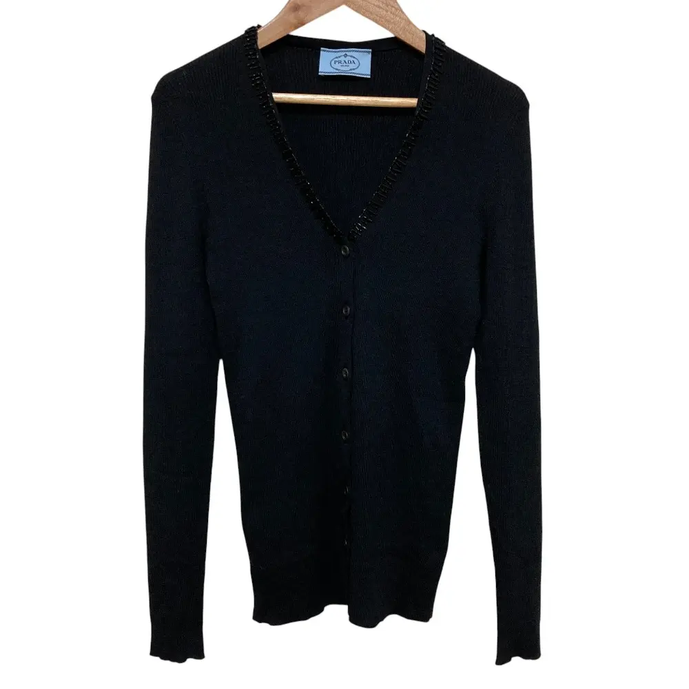 Pre-owned PRADA Wool Small Leather Goods Beads Ribbed Cardigan