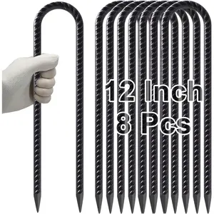 12 Inches Heavy Duty High Wind Resistant U-Shaped Trampoline Stakes Anchors, 8-Pack Tie Down Anchor Kit for Camping Tent, Soccer Net, Swing Set, Black