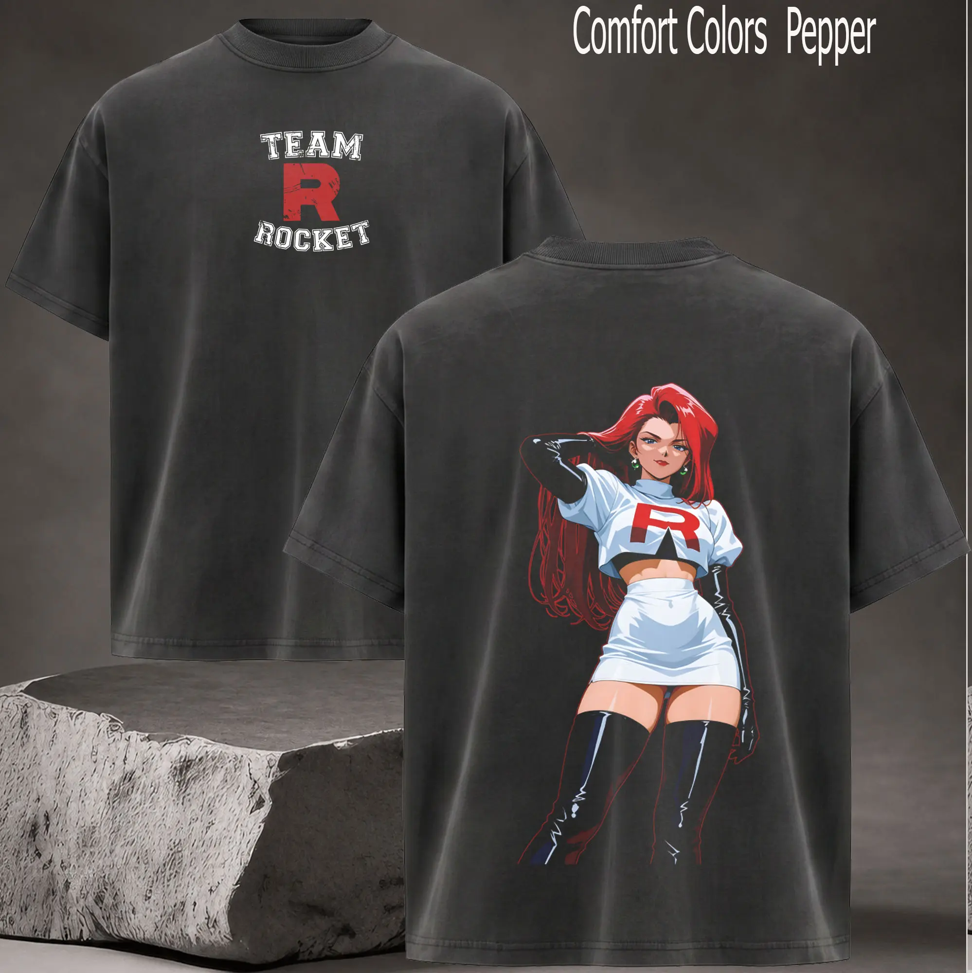 Retro Limited Team Rocket x Jessie V2 T-shirt Washed Anime Merch Double Printed Washed Tee Unisex Manga Heavyweight Cotton 90s Anime Kanto Villains Team Rocket