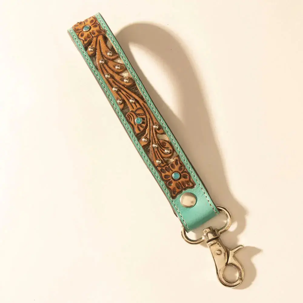 River Glen Handtooled Hairon Leather Key Fob In Aqua Saddle