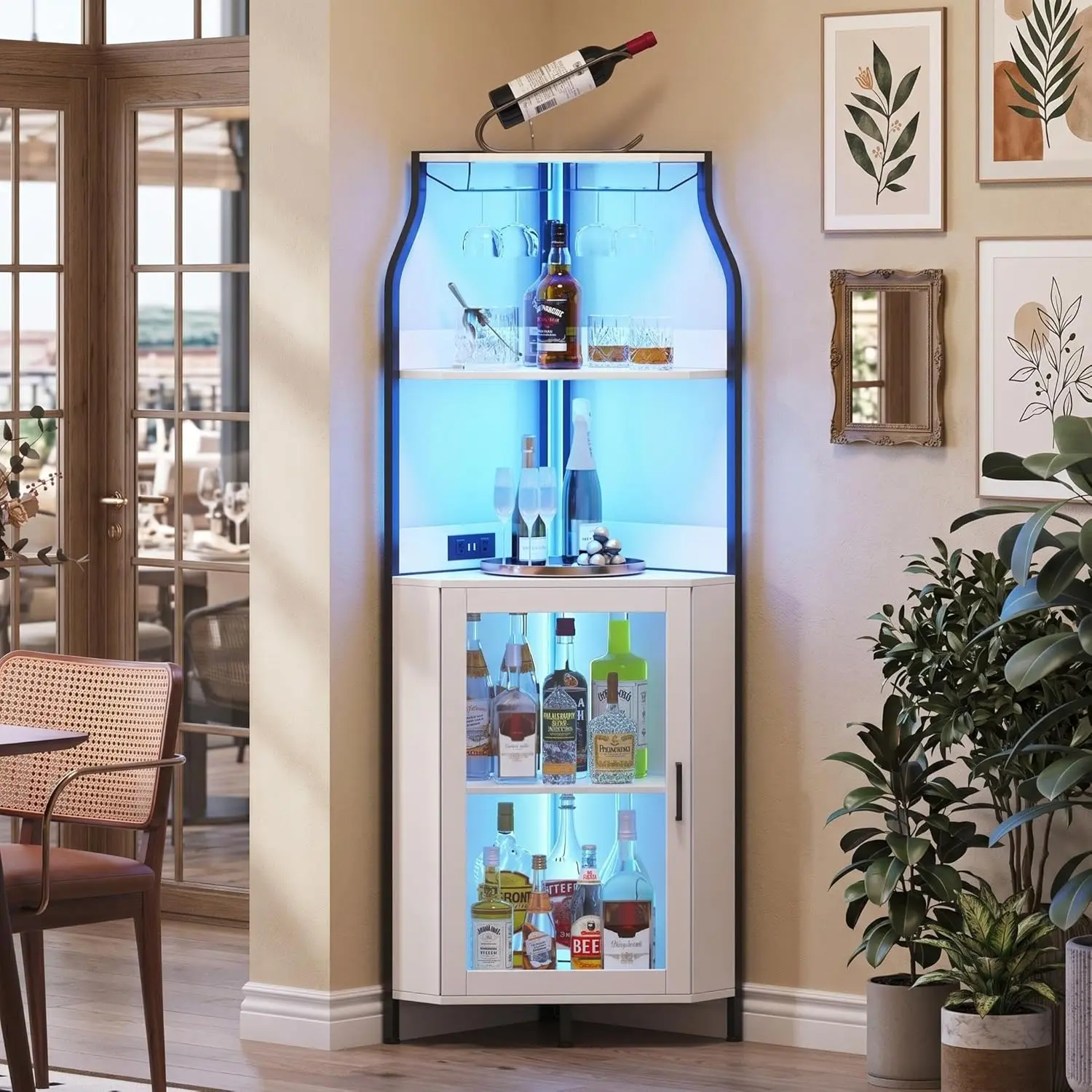 Corner Wine Rack with Glass Holder and Storage Shelves, 4 Tier Corner Bar Corner Wine Cabinet, Industrial Corner Wine Shelf for Living Room, Small Space