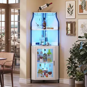 Corner Wine Rack with Glass Holder and Storage Shelves, 4 Tier Corner Bar Corner Wine Cabinet, Industrial Corner Wine Shelf for Living Room, Small Space