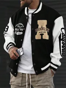 【Plus Size】 Letter Print Varsity Jacket, Casual Fitted Jacket, Casual Comfy Jacket, Casual Fashion Jacket, Casual Retro Baseball Collar Long Sleeve Outerwear for Daily Wear, Men's Clothes for Fall & Winter