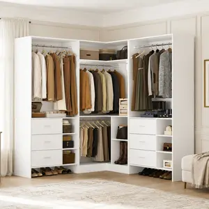 93'' W Freestanding Corner Closet System with 6 Wooden Drawers ＆ 4 Hanging Rods, Adjustable Walk-in Closet Organizer Wardrobe Set with Storage Shelves