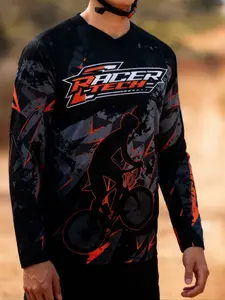 Motorcycle Off-Road Long Sleeve Shirt, Sporty Fitted Design, Random Print Pattern, Moderate Fabric Thickness, All Seasons Wear