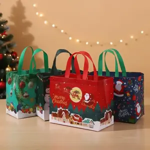 4 One Reusable Waterproof Christmas Gift Bag with Sturdy Green Ring Handle-Heavy Batch Holiday Party Gift Bag (Santa Claus, Snowman, Gingerbread Man Pattern), Suitable for Christmas Packaging, Christmas Packaging Bag