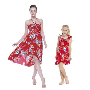 Matching Hawaiian Luau Mother Daughter Halter Wrap Dress in Hibiscus Red