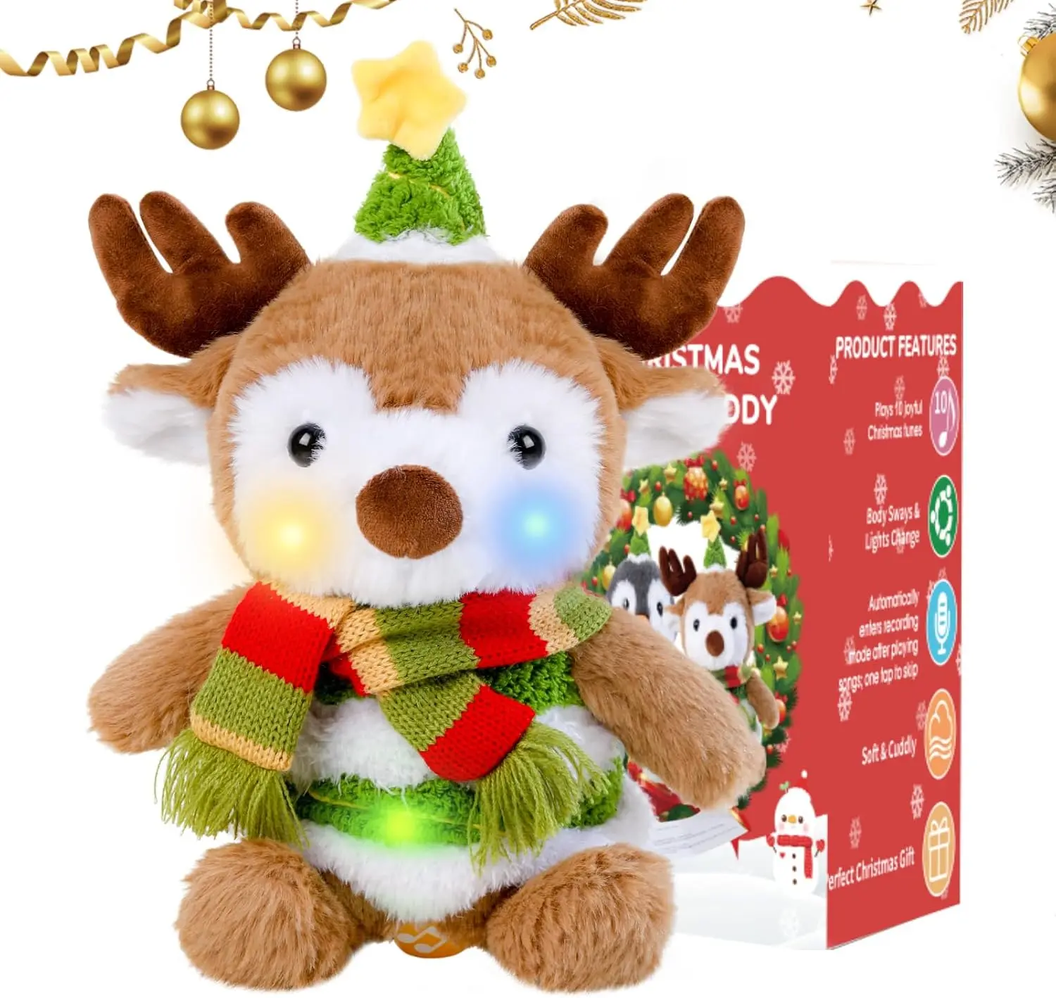 MIAODAM Cute Christmas Reindeer Plush LED Light-Up Glow Stuffed Toy - Cute Deer, Sings a Lullaby, Lullaby Play, Adjustable Volume, Ideal Holiday Gift for Kids (12+ Years)