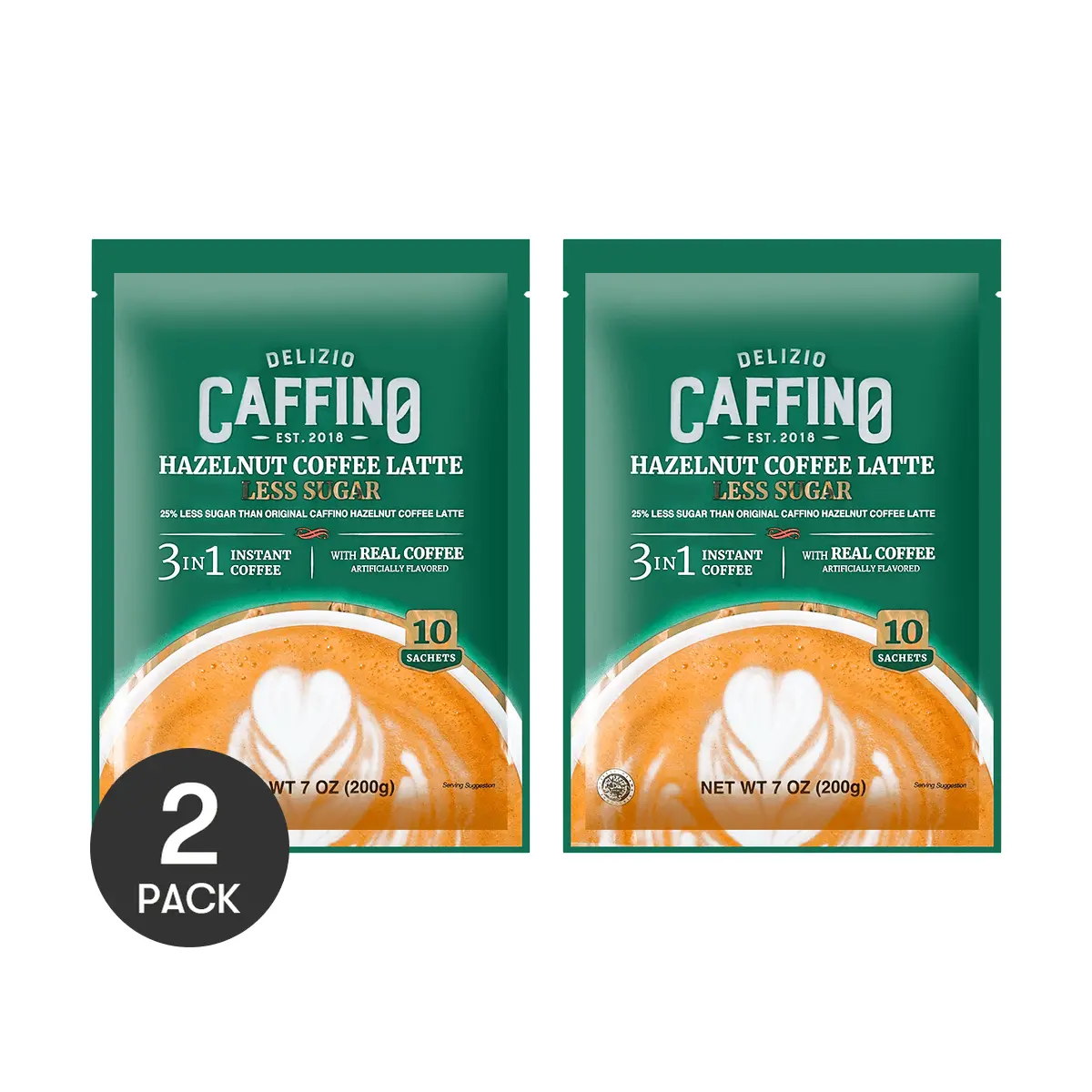 Delizio Caffino Hazelnut Latte Coffee - Low Sugar, 200g x 2 Packs - Indonesian CAFFINO