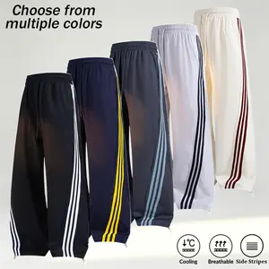 Men’s cooling track pants with side stripe and wide legs; streetwear sweatpants with adjustable cuffs; casual pants with elastic waist, cooling fabric, and three stripes/wide legs; loose-fit athletic sweatpants with adjustable cuffs.
